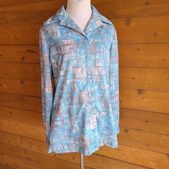 Vintage Tops - Vintage Blouse Top 70's MCM Blue Art Deco Retro Button Down Collared Shirt USA